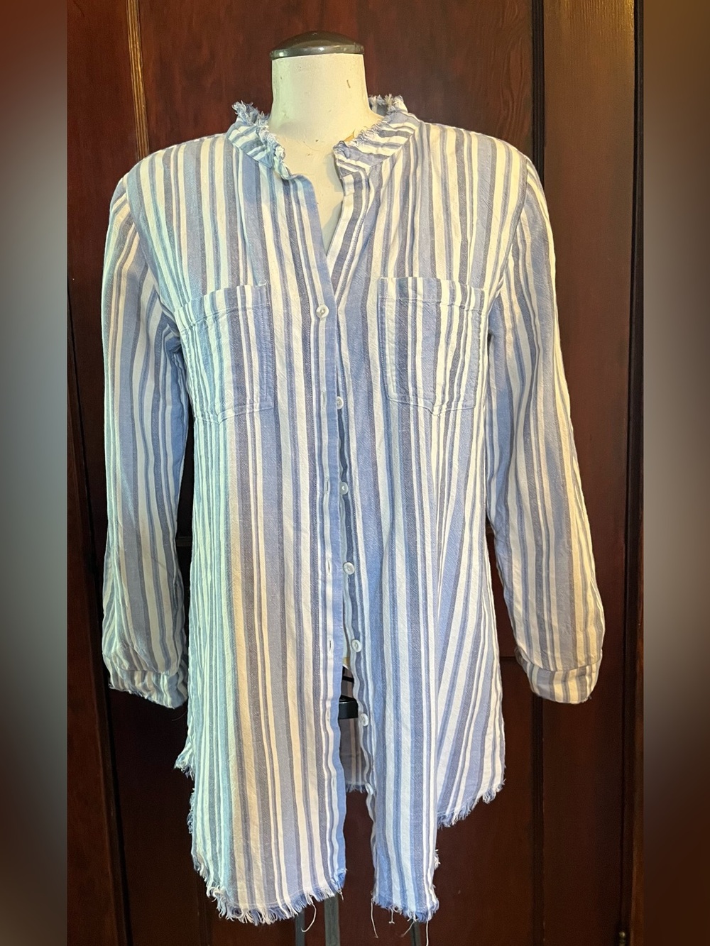 cloth & stone Blue and White Linen Striped Top with Frayed Trim - Size Medium
